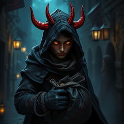 A twenty-year-old human hooded thief with striking red devil horns, wearing a dark, tattered cloak that partially obscures their face