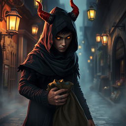 A twenty-year-old human hooded thief with striking red devil horns, wearing a dark, tattered cloak that partially obscures their face