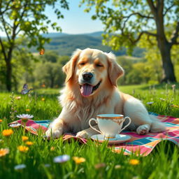 A chill dog sitting comfortably in a serene natural setting, enjoying a cup of tea