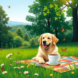A chill dog sitting comfortably in a serene natural setting, enjoying a cup of tea