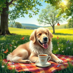 A chill dog sitting comfortably in a serene natural setting, enjoying a cup of tea