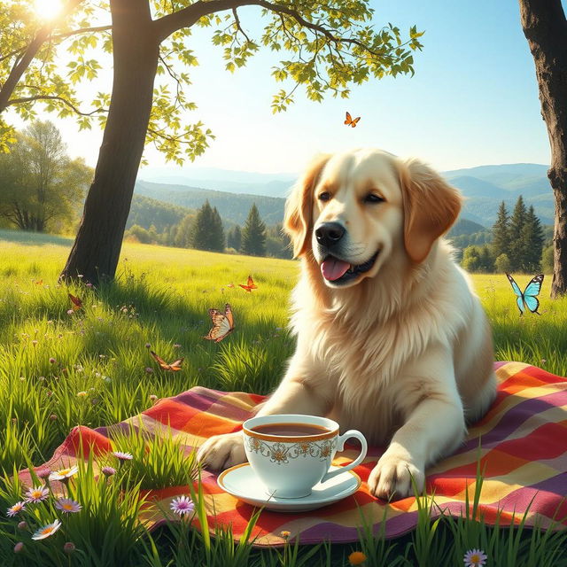 A chill dog sitting comfortably in a serene natural setting, enjoying a cup of tea