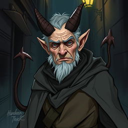 A hundred-year-old human thief with distinct devil horns and a long devilish tail