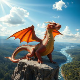 A large dragon, colorful scales glimmering under the sun, proudly displaying its massive wingspan while perched on a rocky cliff