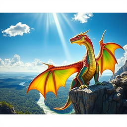 A large dragon, colorful scales glimmering under the sun, proudly displaying its massive wingspan while perched on a rocky cliff