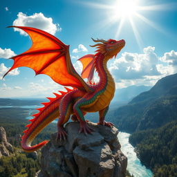 A large dragon, colorful scales glimmering under the sun, proudly displaying its massive wingspan while perched on a rocky cliff