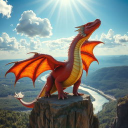 A large dragon, colorful scales glimmering under the sun, proudly displaying its massive wingspan while perched on a rocky cliff
