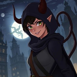 A twenty-year-old human thief with striking devil horns and a long, twisting tail