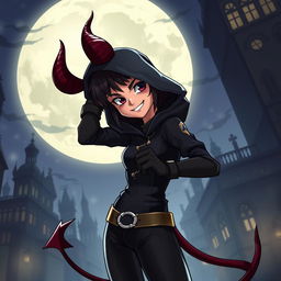 A twenty-year-old human thief with striking devil horns and a long, twisting tail