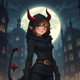 A twenty-year-old human thief with striking devil horns and a long, twisting tail