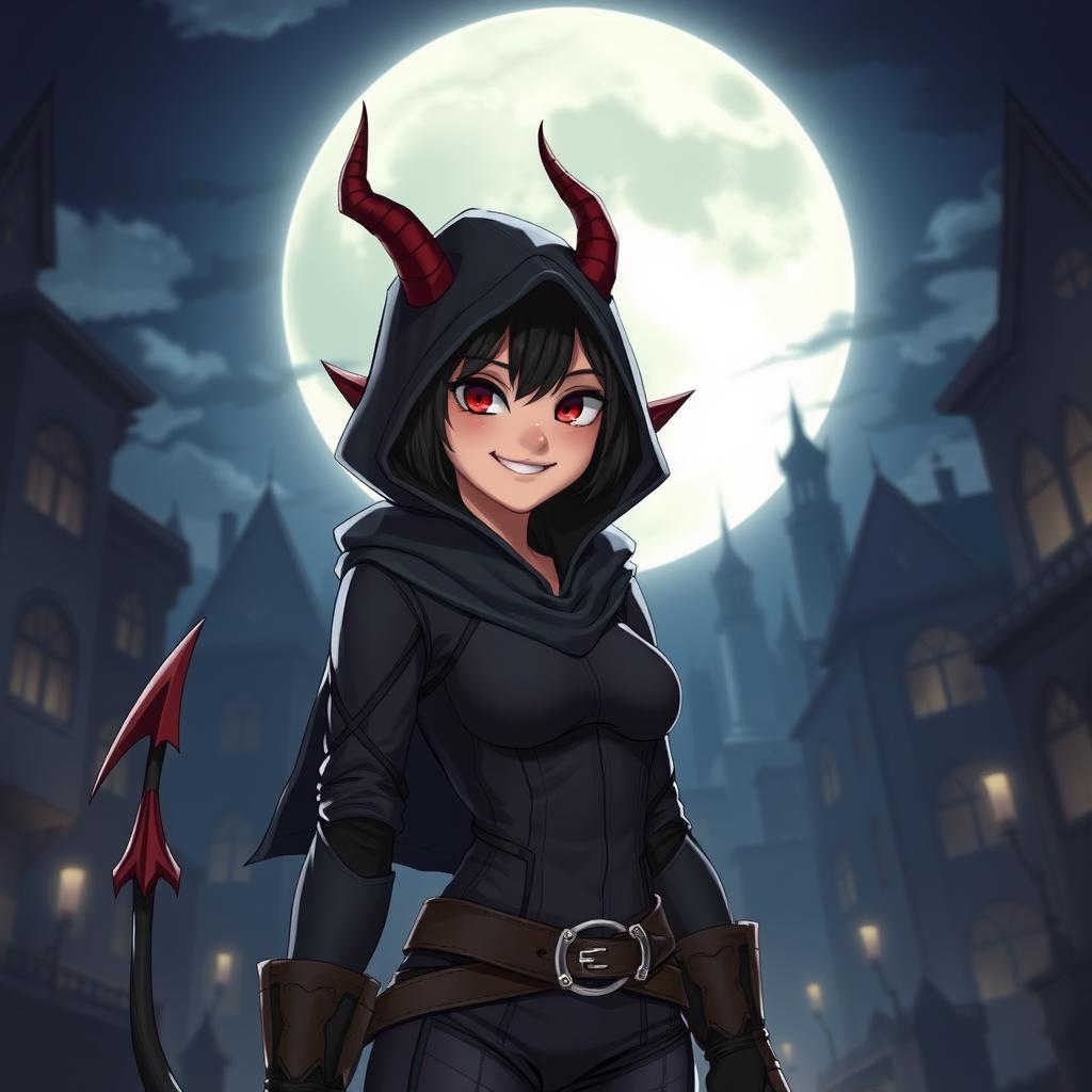 A twenty-year-old human thief with striking devil horns and a long, twisting tail