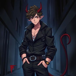 A twenty-year-old male human thief with striking devil horns and a long, curled tail