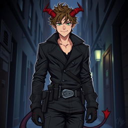A twenty-year-old male human thief with striking devil horns and a long, curled tail