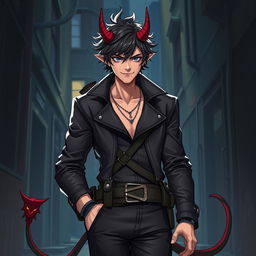 A twenty-year-old male human thief with striking devil horns and a long, curled tail