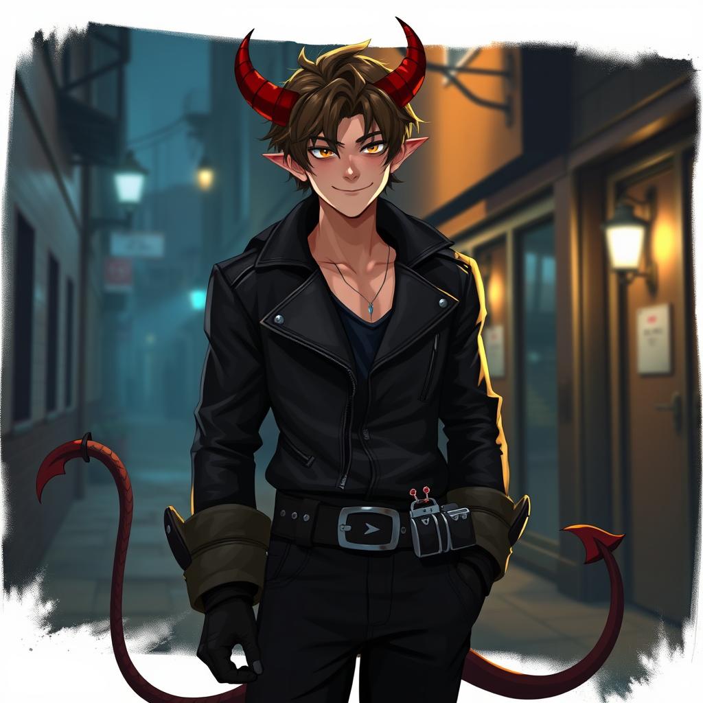 A twenty-year-old male human thief with striking devil horns and a long, curled tail