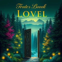 A captivating book cover design for a novel, featuring a mystical forest with ethereal glowing lights and vibrant, colorful trees