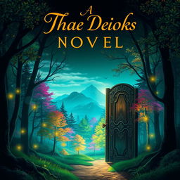 A captivating book cover design for a novel, featuring a mystical forest with ethereal glowing lights and vibrant, colorful trees