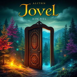 A captivating book cover design for a novel, featuring a mystical forest with ethereal glowing lights and vibrant, colorful trees