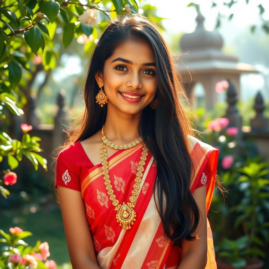 A beautiful Bengali girl with long dark hair, dressed in a traditional red and white saree, adorned with intricate gold jewelry