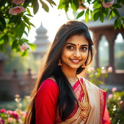 A beautiful Bengali girl with long dark hair, dressed in a traditional red and white saree, adorned with intricate gold jewelry