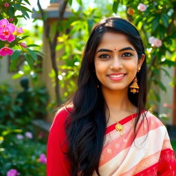 A beautiful Bengali girl with long dark hair, dressed in a traditional red and white saree, adorned with intricate gold jewelry