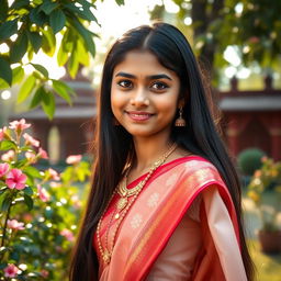 A beautiful Bengali girl with long dark hair, dressed in a traditional red and white saree, adorned with intricate gold jewelry