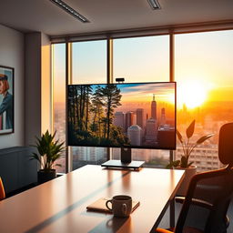 A sleek, modern office space featuring a minimalist desk with a large computer monitor displaying a vibrant cityscape during sunset