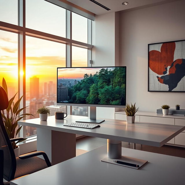 A sleek, modern office space featuring a minimalist desk with a large computer monitor displaying a vibrant cityscape during sunset