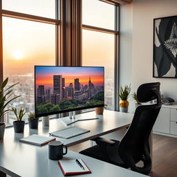 A sleek, modern office space featuring a minimalist desk with a large computer monitor displaying a vibrant cityscape during sunset