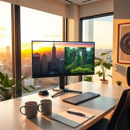 A sleek, modern office space featuring a minimalist desk with a large computer monitor displaying a vibrant cityscape during sunset