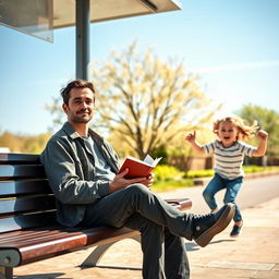 A serene scene at a bus stop with John sitting calmly on a bench, holding a book in his hands