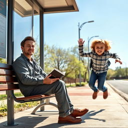 A serene scene at a bus stop with John sitting calmly on a bench, holding a book in his hands