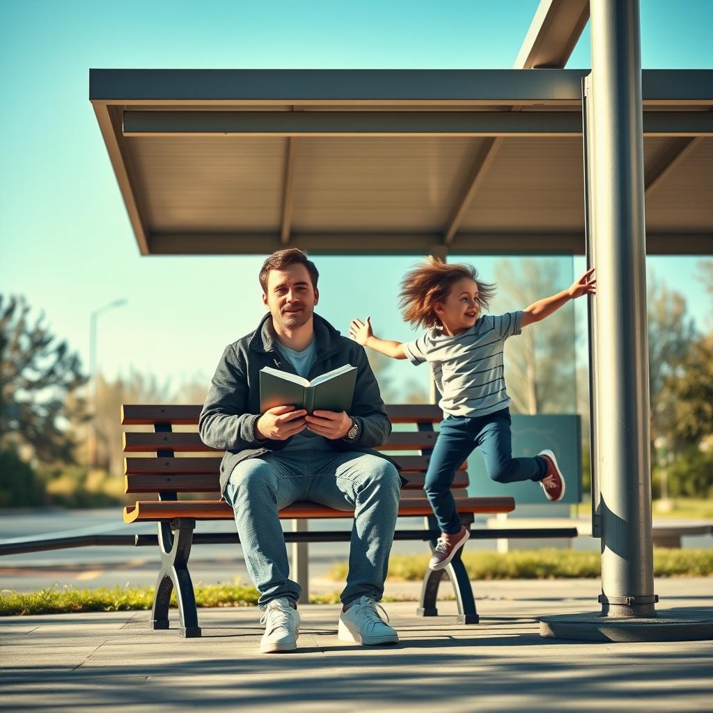 A serene scene at a bus stop with John sitting calmly on a bench, holding a book in his hands