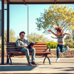 A serene scene at a bus stop with John sitting calmly on a bench, holding a book in his hands