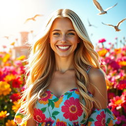 A radiant woman with an infectious smile, surrounded by a backdrop of vivid flowers in full bloom