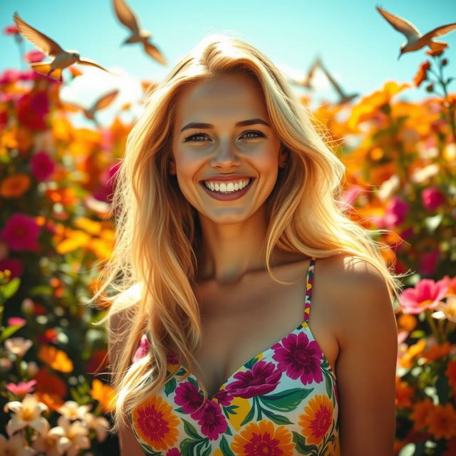 A radiant woman with an infectious smile, surrounded by a backdrop of vivid flowers in full bloom