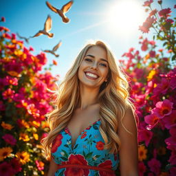 A radiant woman with an infectious smile, surrounded by a backdrop of vivid flowers in full bloom
