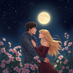 A romantic nighttime scene featuring a couple embracing under a canopy of stars, with soft moonlight illuminating their faces, surrounded by blossoming flowers and lush greenery