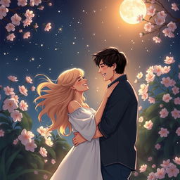 A romantic nighttime scene featuring a couple embracing under a canopy of stars, with soft moonlight illuminating their faces, surrounded by blossoming flowers and lush greenery