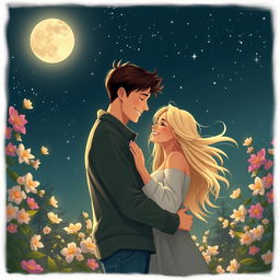 A romantic nighttime scene featuring a couple embracing under a canopy of stars, with soft moonlight illuminating their faces, surrounded by blossoming flowers and lush greenery