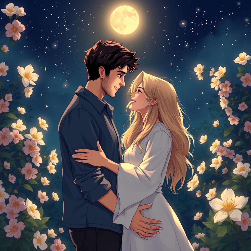 A romantic nighttime scene featuring a couple embracing under a canopy of stars, with soft moonlight illuminating their faces, surrounded by blossoming flowers and lush greenery