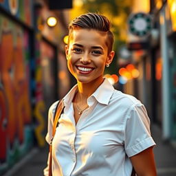 A stylish, confident person smiling for the camera, standing in a vibrant city street during golden hour