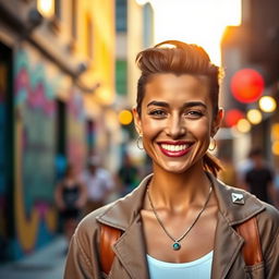 A stylish, confident person smiling for the camera, standing in a vibrant city street during golden hour