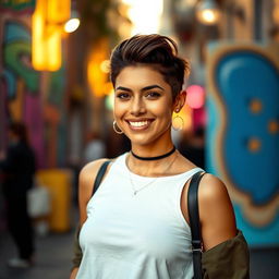 A stylish, confident person smiling for the camera, standing in a vibrant city street during golden hour