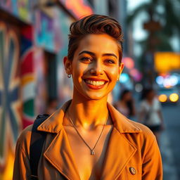 A stylish, confident person smiling for the camera, standing in a vibrant city street during golden hour