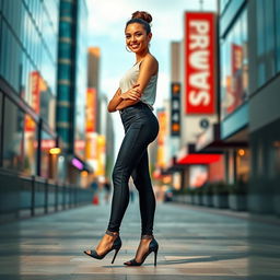 A fashionable young woman standing confidently in a vibrant urban setting, showcasing her stylish high-heeled shoes