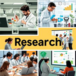 The importance of research in various fields, showcasing scientists in a laboratory conducting experiments, students analyzing data with laptops, and a research presentation in a conference setting