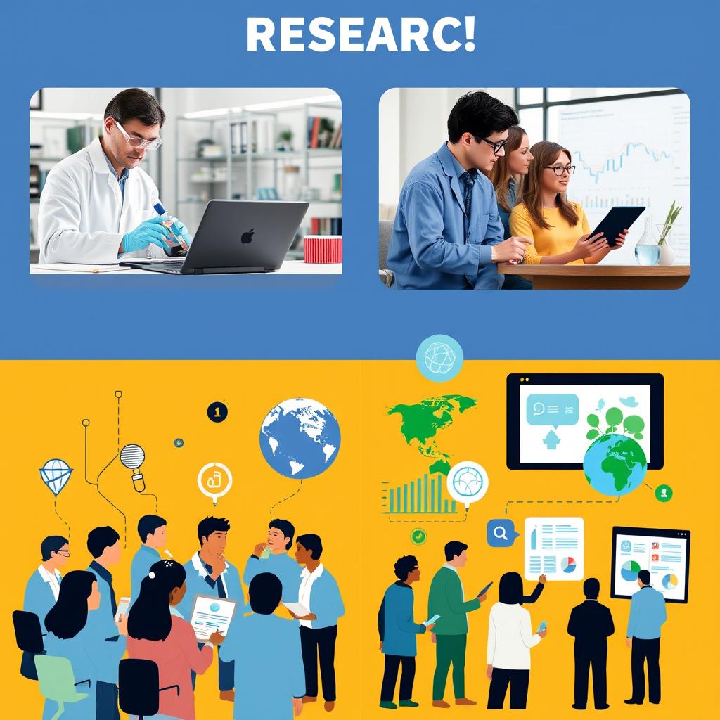 The importance of research in various fields, showcasing scientists in a laboratory conducting experiments, students analyzing data with laptops, and a research presentation in a conference setting