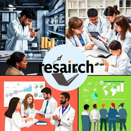 The importance of research in various fields, showcasing scientists in a laboratory conducting experiments, students analyzing data with laptops, and a research presentation in a conference setting