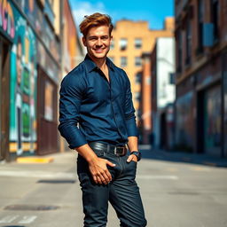 A stylish male model standing confidently in an urban street setting, wearing a dark blue shirt, tailored black jeans, and white sneakers